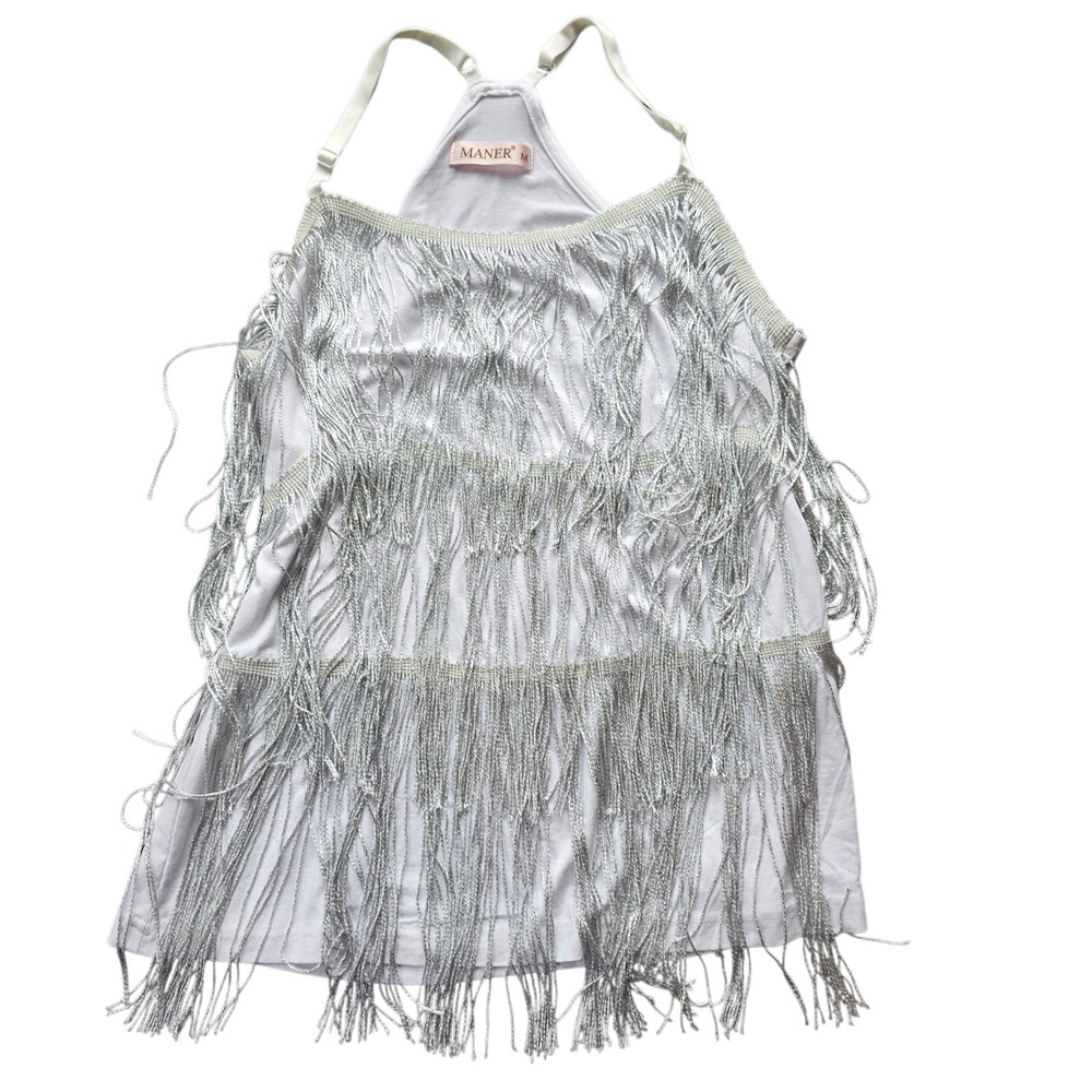 MANER Women's‎ Fringe Top Tassel  Cami White Spaghetti Strap Tank Top M  #1181